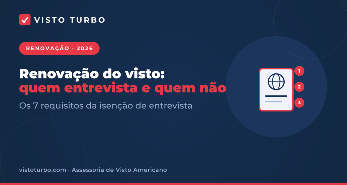 Capa Visto Turbo: renovação do visto americano em 2026 — os 7 requisitos da isenção de entrevista e o caminho em cada cidade