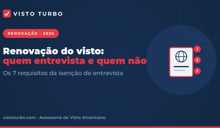 Capa Visto Turbo: renovação do visto americano em 2026 — os 7 requisitos da isenção de entrevista e o caminho em cada cidade