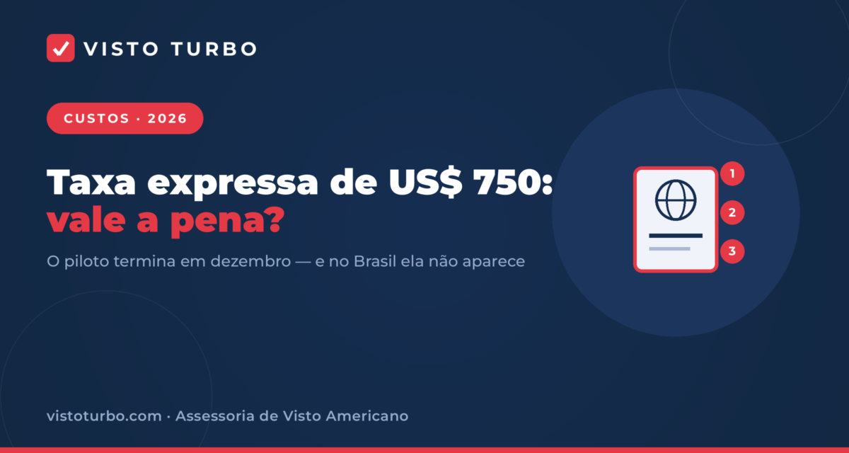 Capa Visto Turbo: taxa expressa de US$ 750 do visto americano, um piloto que termina em dezembro de 2026 e não aparece nos canais oficiais brasileiros