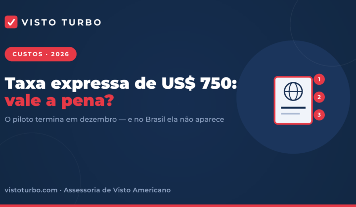 Capa Visto Turbo: taxa expressa de US$ 750 do visto americano, um piloto que termina em dezembro de 2026 e não aparece nos canais oficiais brasileiros