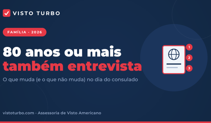 Capa Visto Turbo: visto americano para idoso, com a entrevista obrigatória em todas as idades e o CASV como a etapa dispensada aos 80 anos ou mais