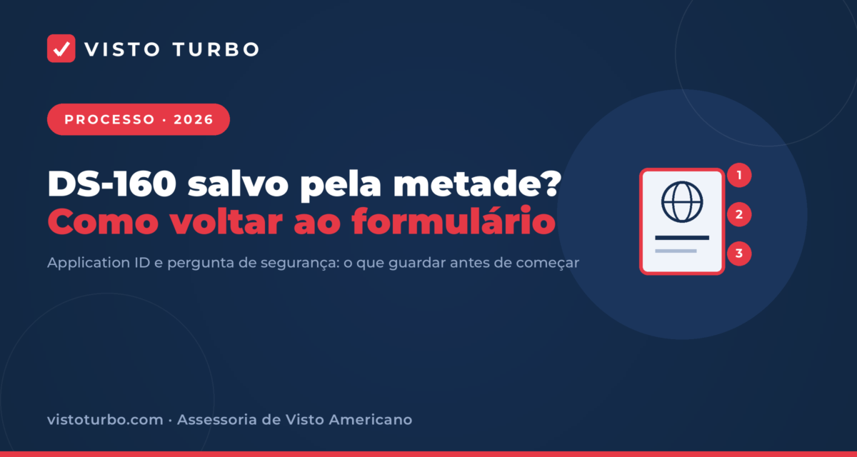 Capa Visto Turbo: como recuperar o DS-160 salvo pela metade, com o Application ID e a resposta da pergunta de segurança que a Embaixada manda guardar