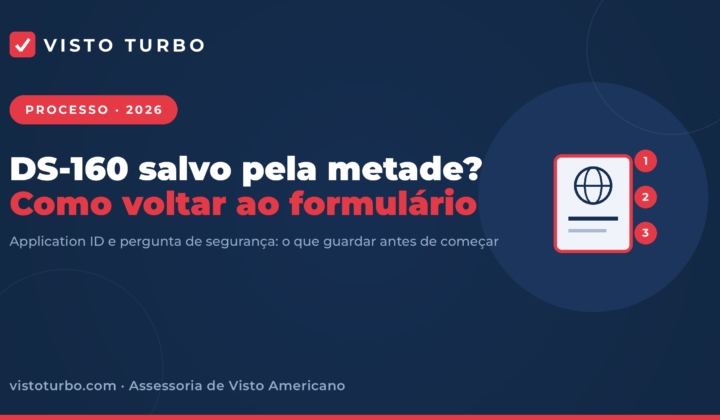 Capa Visto Turbo: como recuperar o DS-160 salvo pela metade, com o Application ID e a resposta da pergunta de segurança que a Embaixada manda guardar
