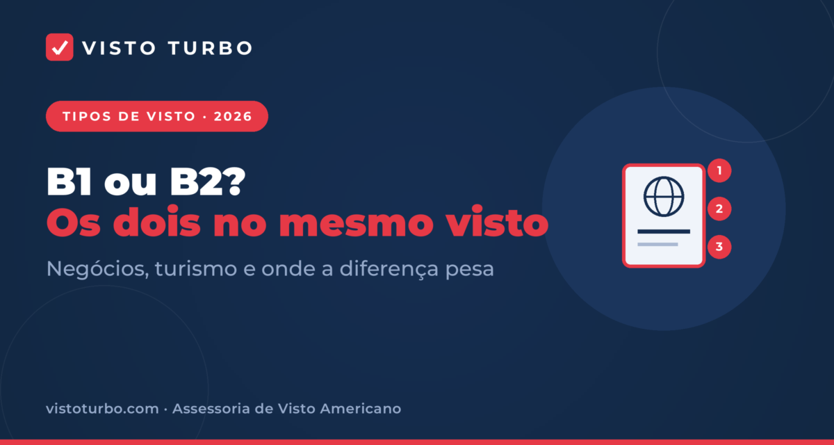 Capa Visto Turbo: a diferença entre o visto B1 de negócios e o B2 de turismo, e por que a maioria dos brasileiros recebe os dois no mesmo visto