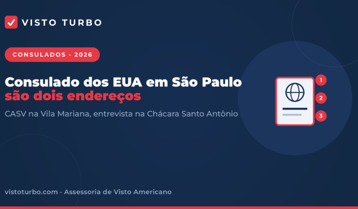 Capa Visto Turbo: guia do consulado dos EUA em São Paulo, com o CASV na Vila Mariana e a entrevista na Chácara Santo Antônio
